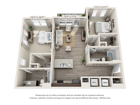2 bedroom 2 bathroom Breccia Floorplan Image at Whetstone Flats, Nashville, TN, 37211, 1130 Sq. Ft.